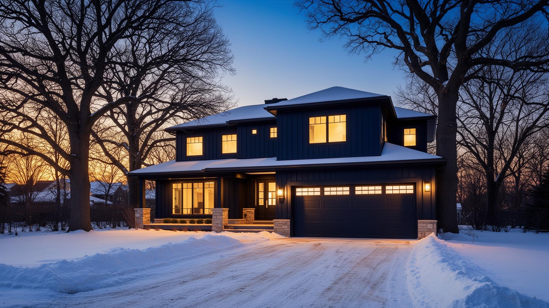 Modern Minnesota home with a navy carriage-style garage door at dusk